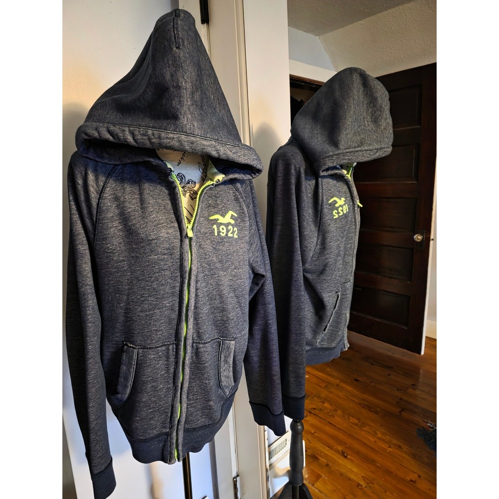 Vintage Hollister Mens Full Zip‎ Hoodie Navy Neon Green Logo Sweatshirt Large